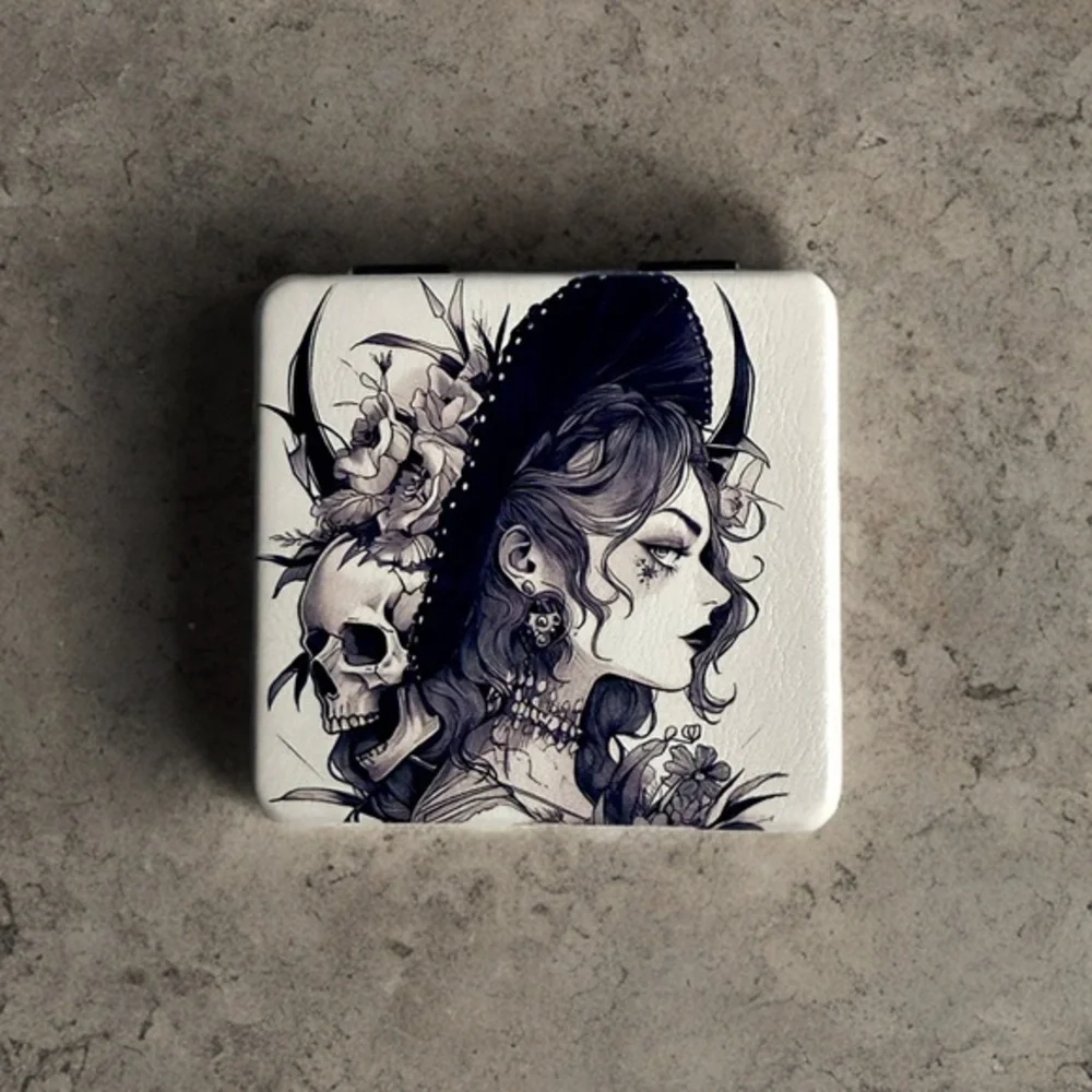 Gothic Art Compact Mirror with Skull and Woman Design